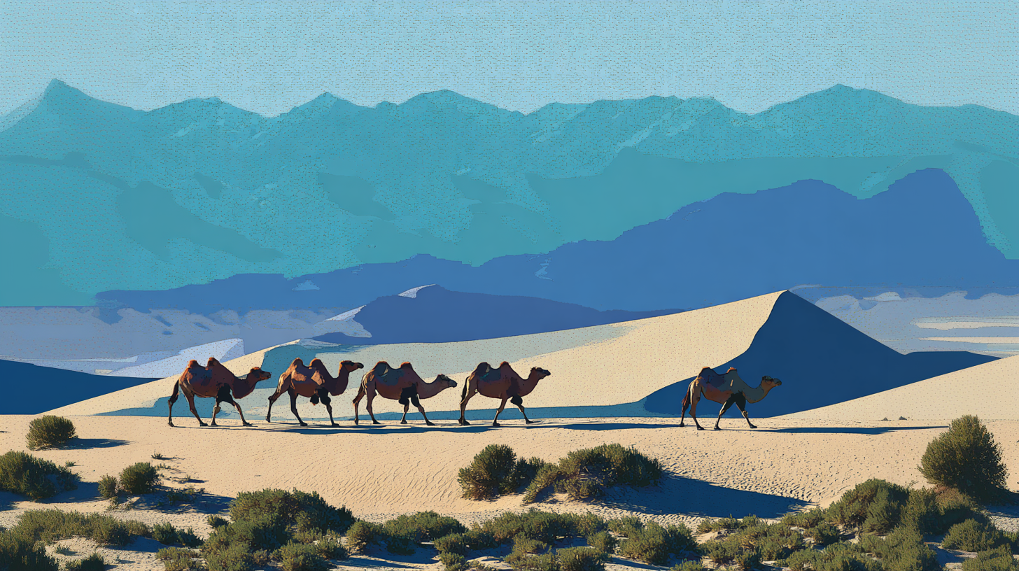Gobi in Asia Khongoryn els sand dunes with bacterian camels