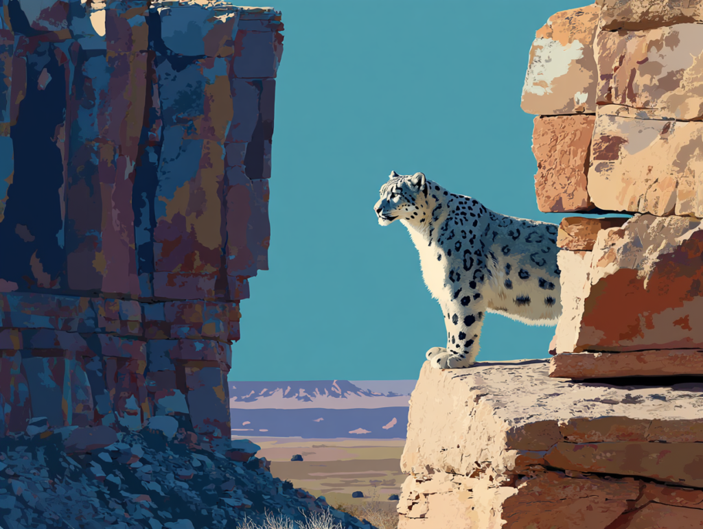 snow leopard in the cliffs in gobi desert